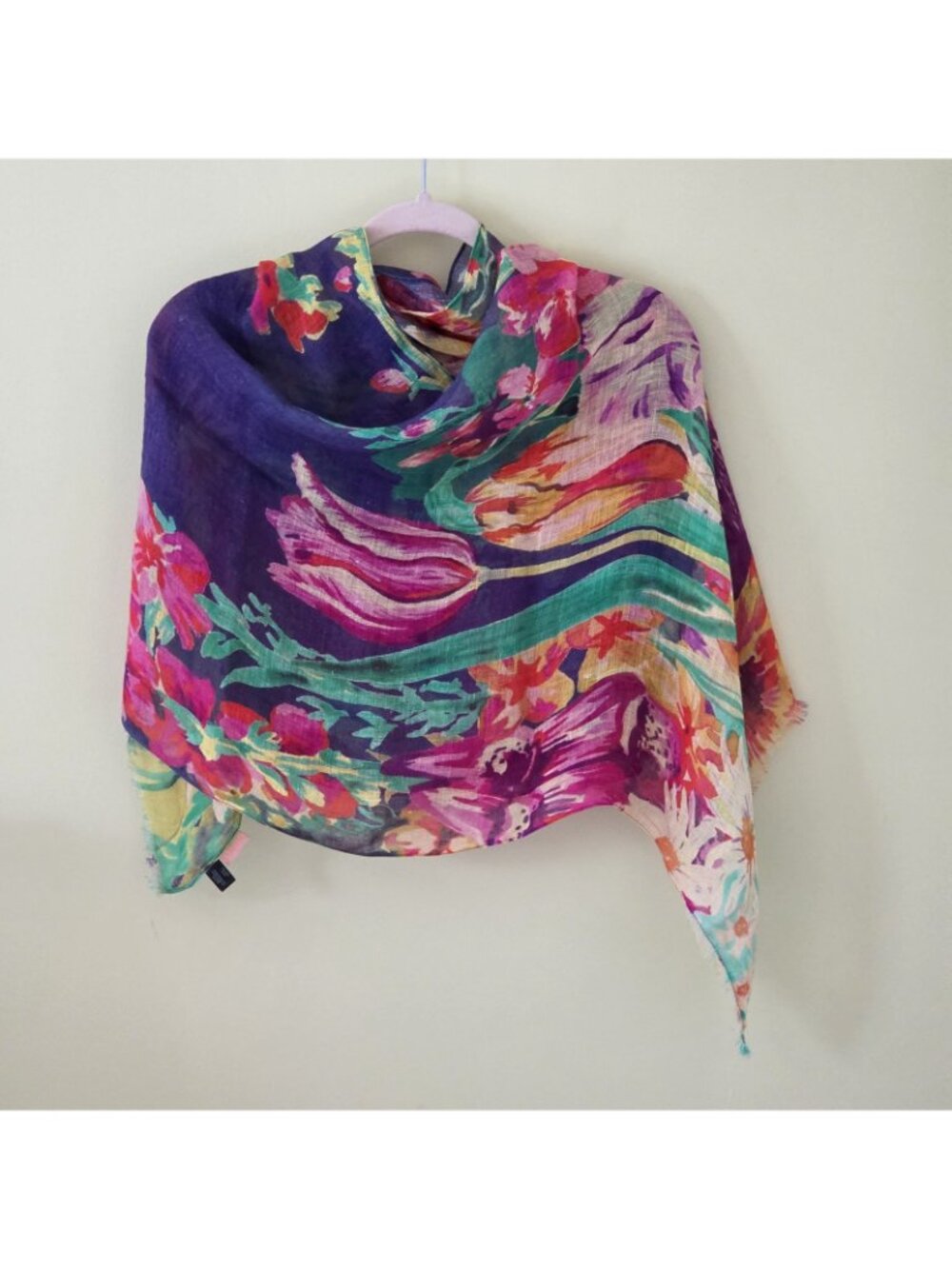 Powder UK 100% Linen Floral Scarf Wrap Purple Pink Watercolor Botanical Fringe - Picture 13 of 14